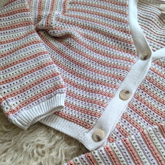 Pastel Striped Knit Crochet Crop Jessica Simpson Cardigan Sweater Women's Medium - Picture 3 of 4